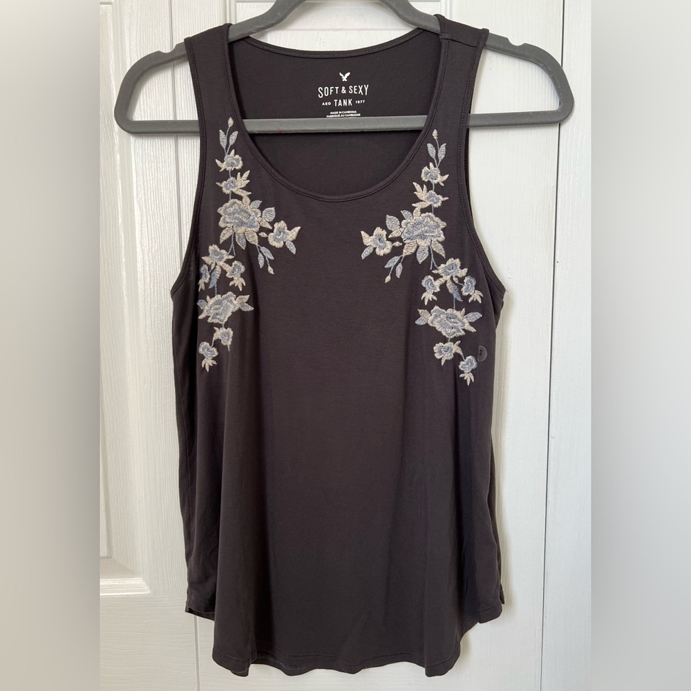 American Eagle Outfitters Black Tank Top with White Floral Embroidery